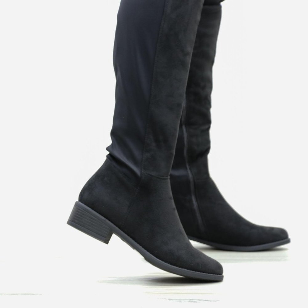 Low Heel Thigh High Boots Womens Over The Knee Suede & Stretchy Material Mix - Picture 8 of 14